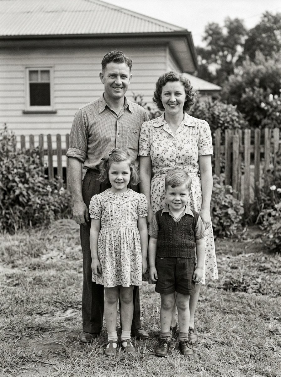 The same 1940s backyard family portrait restored in black and white, weatherboard house and paling fence behind the family