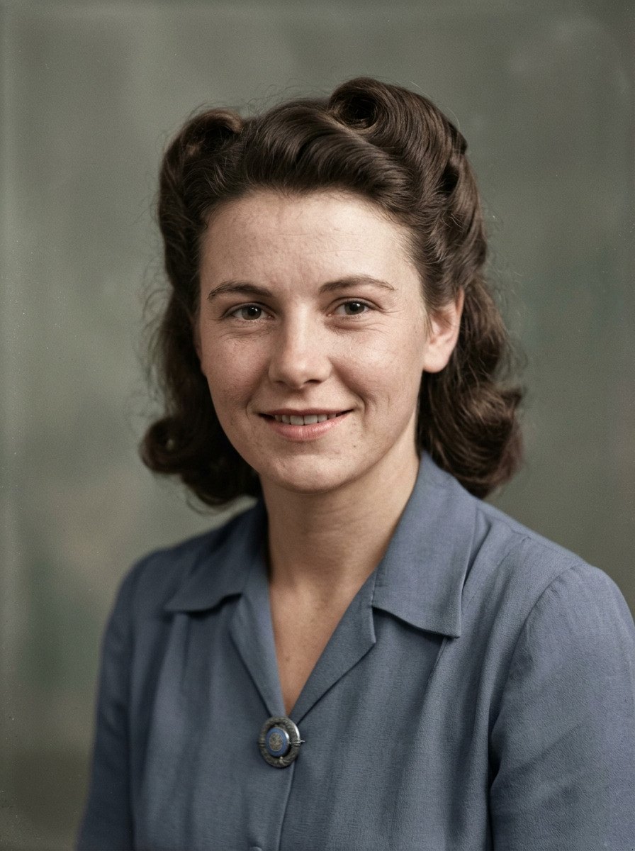 The restored 1940s portrait carefully colourised: natural skin tones, soft brown hair and a muted blue blouse