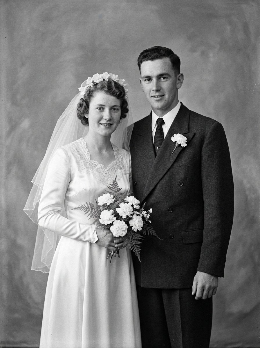 The same 1950s wedding portrait restored: bride in a lace-trimmed gown holding carnations beside the groom in a double-breasted suit, damage repaired and original grain kept