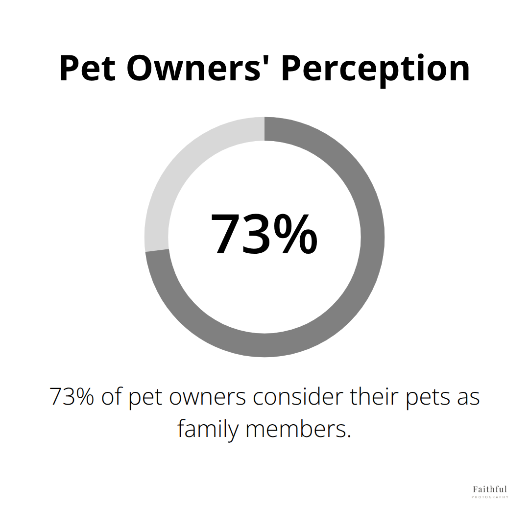 A percentage chart showing that 73% of pet owners see their pets as family members, according to the American Kennel Club. - family photos with pets