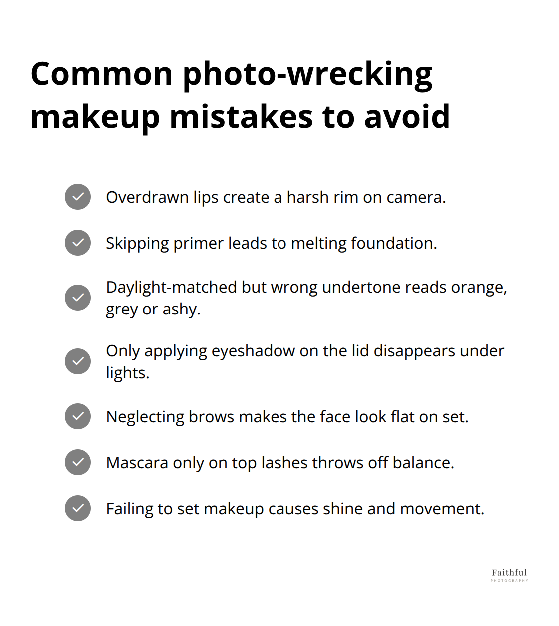 Checklist of common makeup mistakes that negatively impact studio photos - In-house hair makeup Sydney