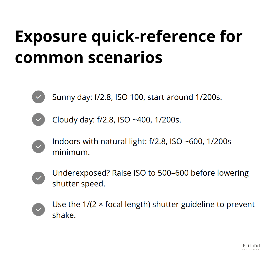 Checklist of exposure settings for sun, cloud, and indoor natural light - photography family portrait