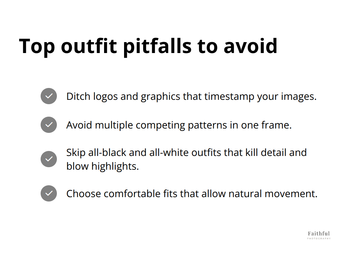 Checklist of common outfit mistakes that hurt family photos - what to wear in family photos