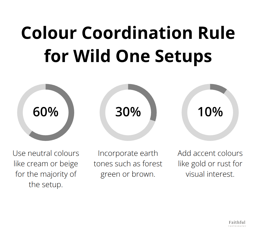 Percentage chart showing the 60-30-10 colour coordination rule for Wild One cake smash photography: 60% neutrals, 30% earth tones, 10% accents - wild one cake smash ideas